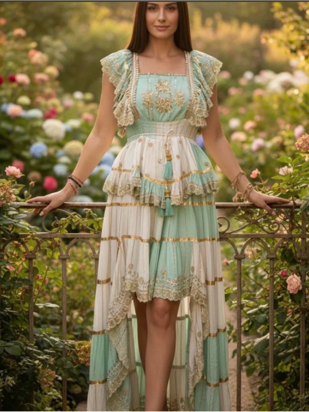 Mint and Cream High-Low Lace Trim Dress